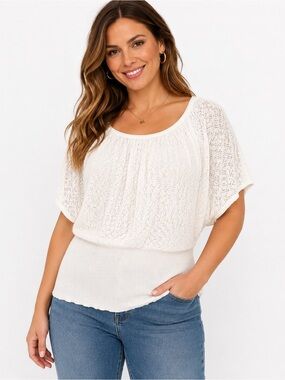 Torrid Size 3 Ivory Open Knit Sweater Top Short Sleeve Blouson Plus Size
